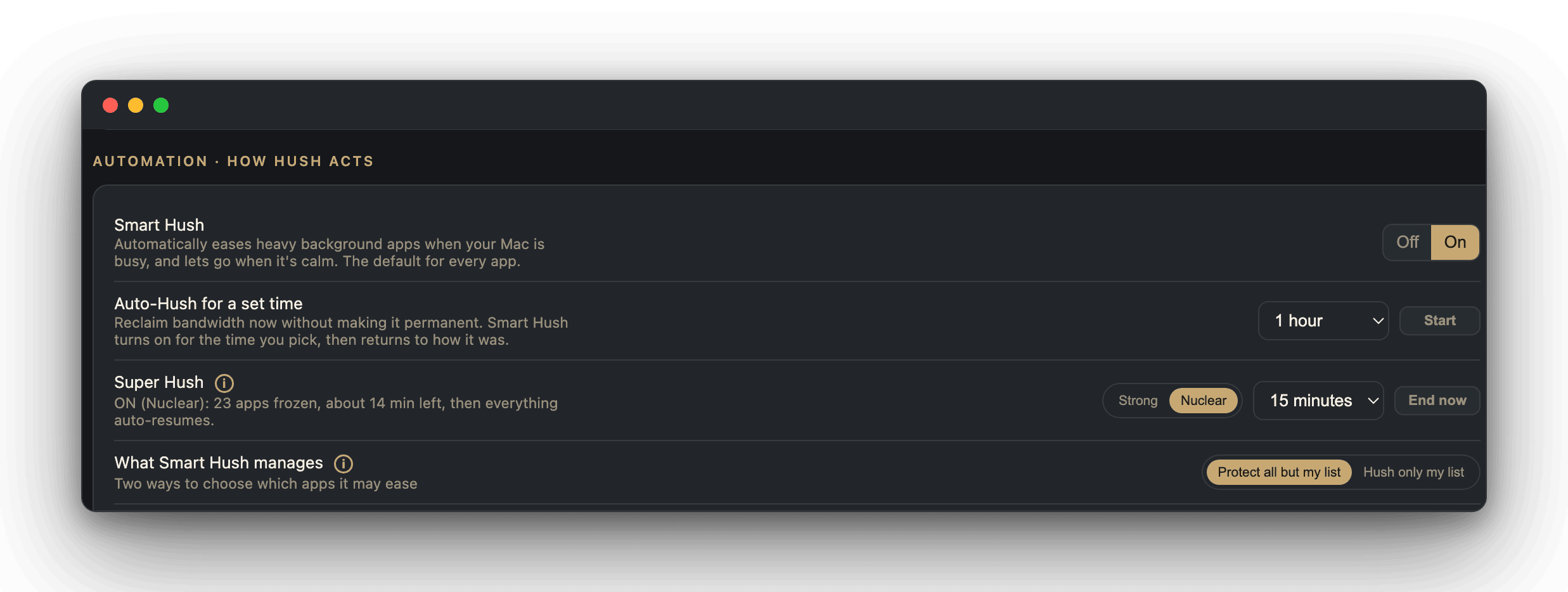 Super Hush armed in Nuclear mode: 23 background apps eased with about 14 minutes left before everything auto-resumes, shown beside the Auto Hush controls.